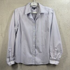 Lands End 14 Petite No Iron Pinpoint Oxford Blue Stripe Button Blouse Career